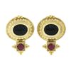 Image 1 : Italian 14k Gold Carved Intaglio Black Onyx & Cabochon Ruby Beaded Drop Earrings