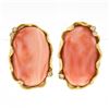 Image 1 : Large 14K Gold Oval Cabochon Coral w/ Diamond Textured Freeform Frame Earrings