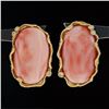 Image 2 : Large 14K Gold Oval Cabochon Coral w/ Diamond Textured Freeform Frame Earrings