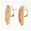 Image 3 : Large 14K Gold Oval Cabochon Coral w/ Diamond Textured Freeform Frame Earrings