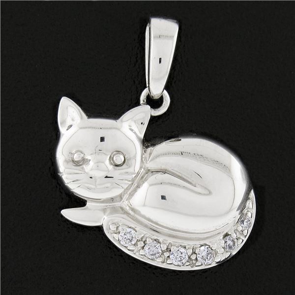 14K White Gold Cat Kitten w/ 0.05 ctw Pave Diamond Tail Collectible Charm Pendan