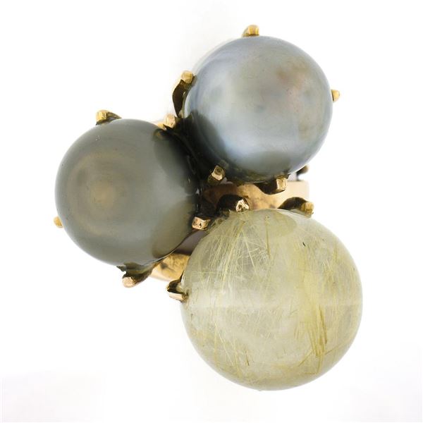 18k Rose Gold Tahitian Pearl & Rutilated Quartz Large High Profile Cocktail Ring