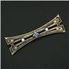 Image 2 : Antique 14k Yellow Gold Square Blue Montana Sapphire & Pearl Open Bar Pin Brooch