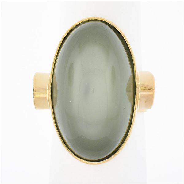 22K Gold Large GIA Oval Cabochon Bezel Cat's Eye Moonstone Trillion Peridot Ring