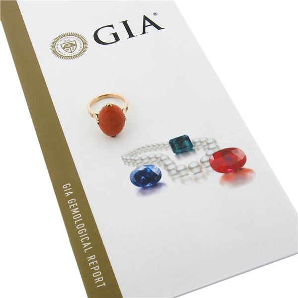 Vintage 14k Yellow Gold GIA Oval Cabochon Salmon Orange Coral Solitaire Ring