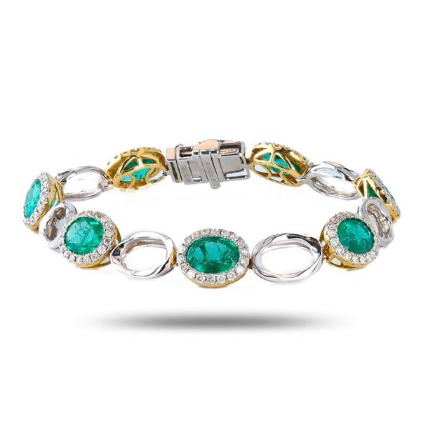 11.72 ctw Emerald and 1.82 ctw Diamond 14K White and Yellow Gold Bracelet