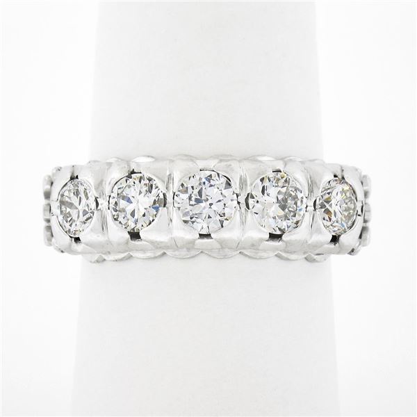 Vintage Platinum 1.30 ctw Round Diamond Large Fishtail Pave Set 5 Stone Band Rin