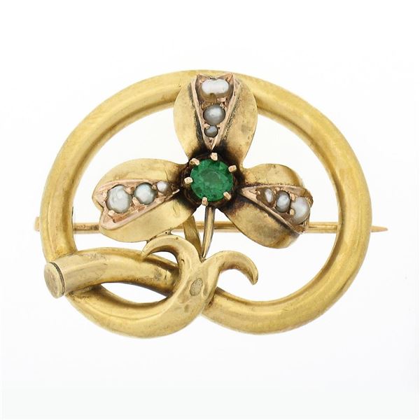Antique Victorian 18+k Gold Emerald w/ Seed Pearl Clover Leaf Branch Brooch Pin