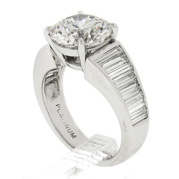 Vintage Platinum Ideal 5.02 ctw GIA Round Brilliant Diamond w/ Waterfall Baguett