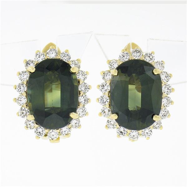 Estate 14K Gold 8.18 ctw GIA NO HEAT Oval Green Sapphire & Diamond Halo Earrings