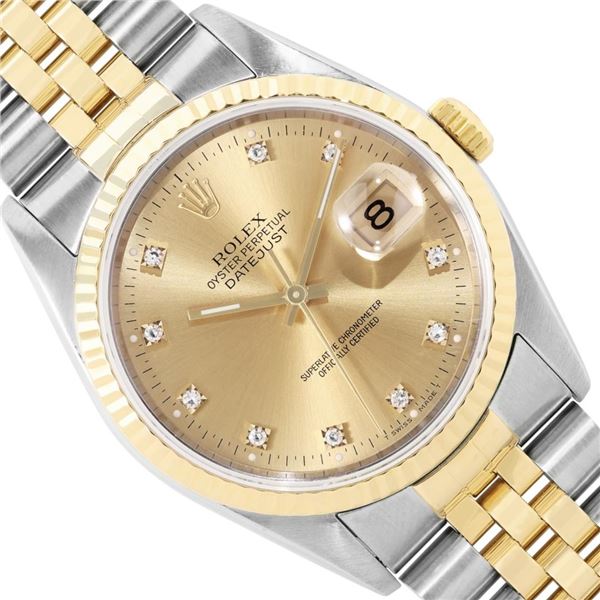 Rolex Mens Two Tone Sapphire Factory Champagne Diamond Dial Fluted Bezel Datejus
