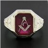 Image 2 : Antique 10K White Gold Bezel Set Red Stone w/ Detailed Sides Masonic Band Ring