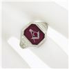 Image 3 : Antique 10K White Gold Bezel Set Red Stone w/ Detailed Sides Masonic Band Ring