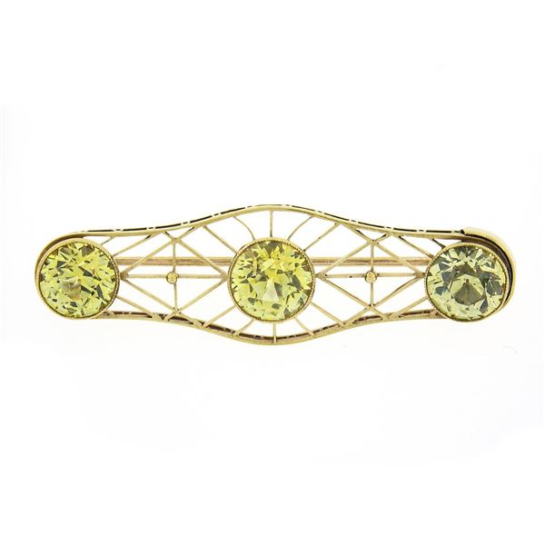Antique 14k Gold 9.50 ctw GIA Greenish Yellow Sapphire Mosaic Open Work Pin Broo