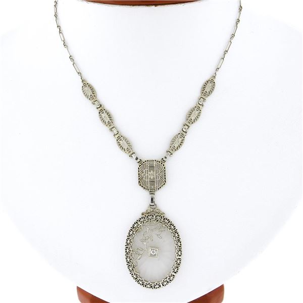 Antique Art Deco 14K Gold Camphor Glass Diamond Filigree Link Pendant Necklace