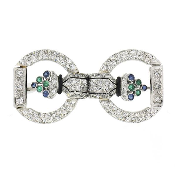 Antique Art Deco Platinum 2.25 ctw Diamond Emerald Sapphire Floral Pin Brooch