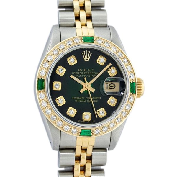 Rolex Ladies Quickset 18K Yellow Gold And Steel Green Vignette Diamond And Emera