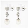 Image 4 : Vintage 14k White Gold 0.72 ctw Round Diamond & 7.5mm Pearl Drop Dangle Earrings