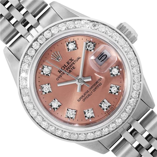 Rolex Ladies Stainless Steel Salmon Diamond Date Wristwatch 26MM