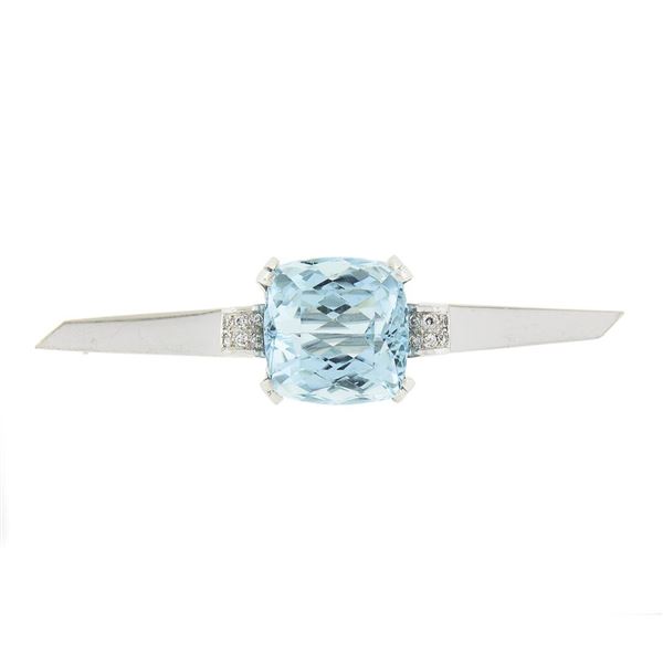 Vintage 14k White Gold Cushion Cut Blue Topaz & Diamond Unique Bar Pin Brooch