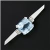 Image 2 : Vintage 14k White Gold Cushion Cut Blue Topaz & Diamond Unique Bar Pin Brooch