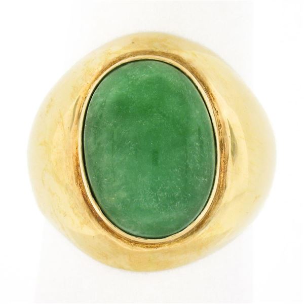 Vintage 14K Yellow Gold Bezel Oval Cabochon Green Jade Polished Wide Band Ring