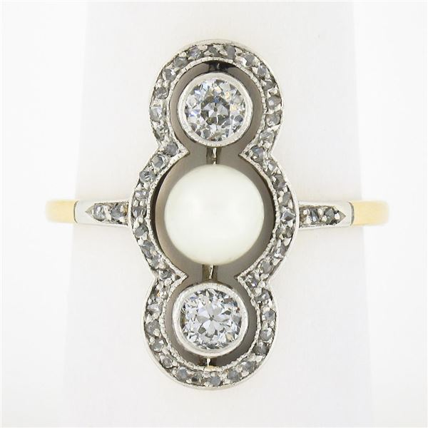 Antique Edwardian 14K Gold & Platinum European Diamond & 5.9mm Pearl Dinner Ring