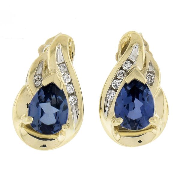Estate 10K Gold Pear Blue Stone w/ 0.10 ctw Round Diamond Tear Drop Stud Earring
