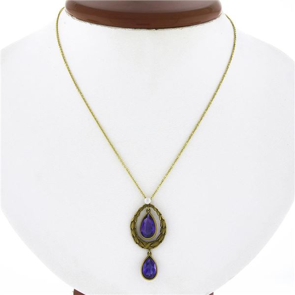 Antique 14k Gold Art Nouveau Brassler Co. Amethyst Pearl Dangle Lavalier Pendant