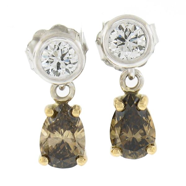 New 14K TT Gold 1.42 ctw Fancy Brown & White Diamond Tear Drop Dangle Earrings