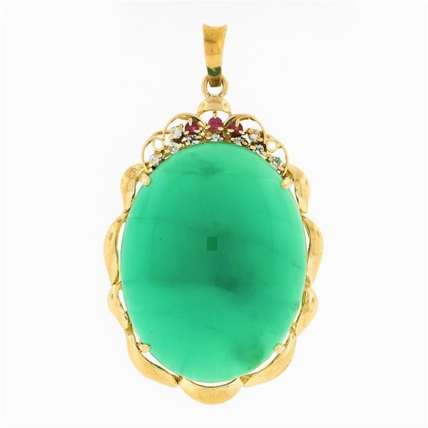 Vintage 18k Gold GIA Oval Cabochon Chrysoprase Diamond Ruby Wavy Frame Pendant