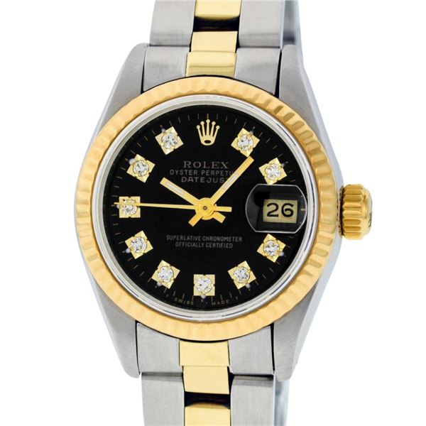 Rolex Ladies Quickset Two Tone Black Diamond Datejust With Oyster Band