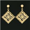 Image 2 : 14k Yellow Gold Detailed Filigree Floral Open Work Squared Drop Dangle Earrings