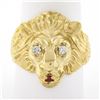 Image 1 : Vintage 14k Yellow Gold Ruby & Diamond Eyes Detailed Textured 3D Lion Head Ring