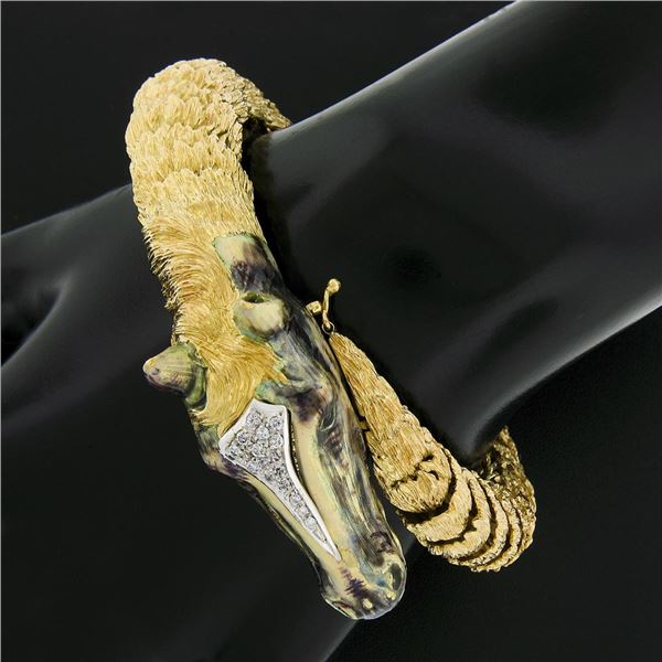 Vintage 18k Gold Textured Detailed Enamel 3D Horse Head Diamond Bangle Bracelet