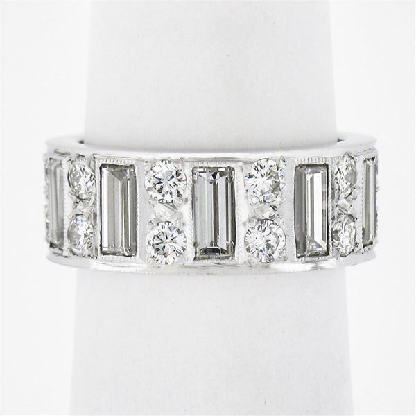 Platinum 4 ctw Straight Baguette & Round High Quality Diamond Eternity Band Ring
