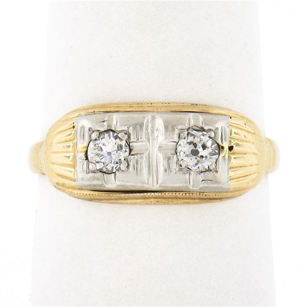 Antique Edwardian 14k TT Gold 0.20 ctw Old European Dual Diamond Etched Band Rin