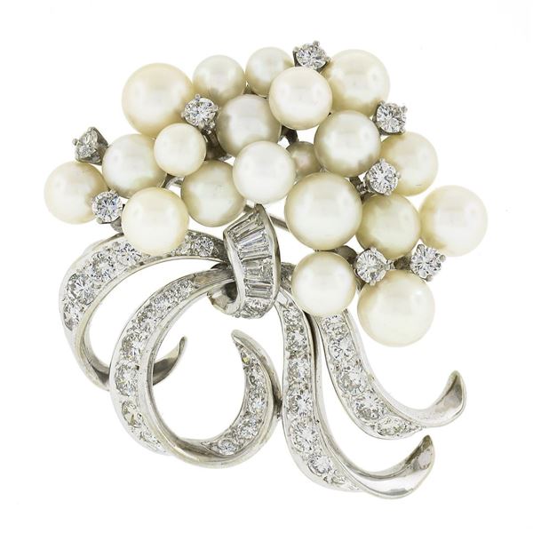 Vintage 14K White Gold 1.90 ctw Diamond & FINE Pearl Cluster Ribbon Brooch Penda
