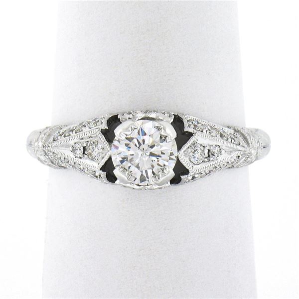 New 14k White Gold.85 ctw Round Diamond Milgrain & Wheat Engraved Engagement Rin