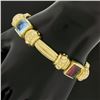 Image 7 : 18K Gold & Bezel Set Multi Color Cabochon Gemstone Scroll Grooved Link Bracelet