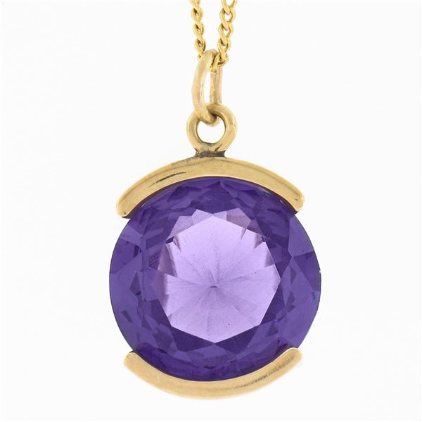Vintage 14K Gold 15.8mm Round Alexandrite Channel Set Solitaire Pendant w/ Chain