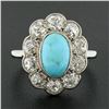 Image 2 : Antique Victorian 18k Gold Oval Cabochon Turquoise w/ Mine Cut Diamond Halo Ring