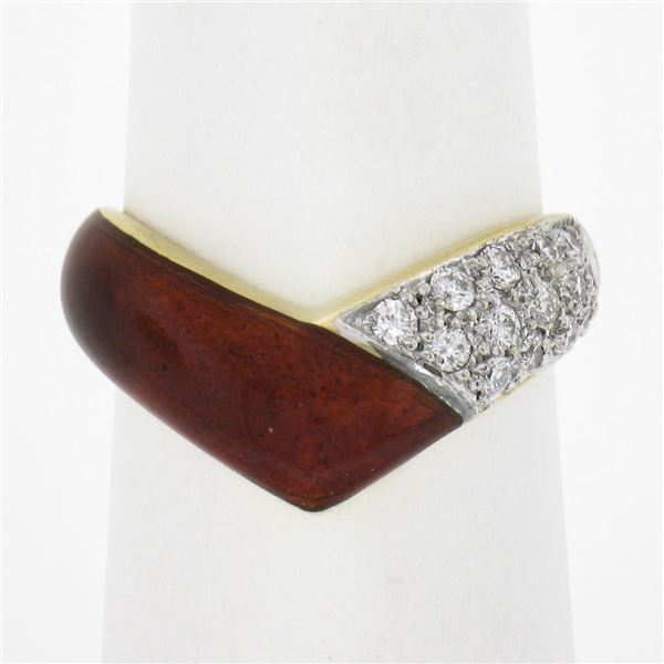14k Yellow Gold 0.28 ctw Diamond & Red Enamel Work V Chevron Stackable Band Ring