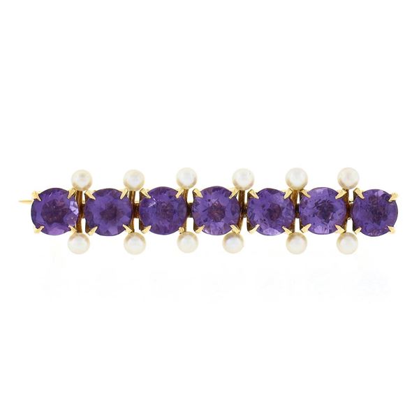 Antique Victorian 14k Gold 4.2mm Old Round Amethyst & Seed Pearl Bar Pin Brooch