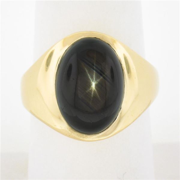Men's 14K Yellow Gold Oval Cabochon Bezel Set Brown Star Sapphire Solitaire Ring
