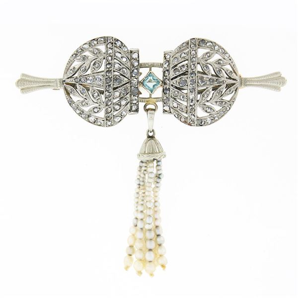 Antique Belle Epoque Plat 10k Gold Diamond Blue Stone Pin Brooch w/ Pearl Dangle