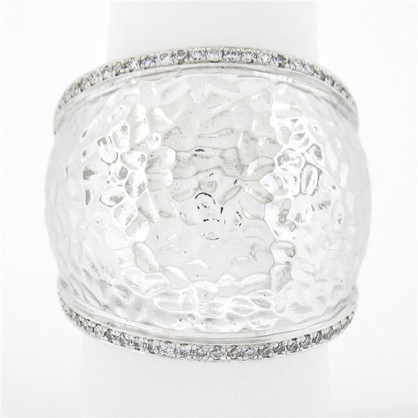 14K White Gold 0.39 ctw Hammered Finish w/ Diamond Sides Wide Dome Bombe Band Ri