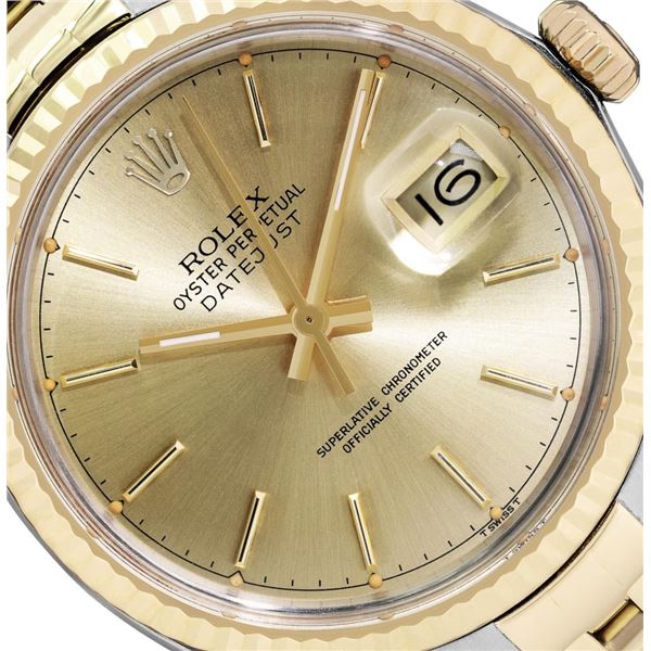 Rolex Mens Two Tone Champagne Index Yellow Gold Fluted Bezel Datejust With Rolex