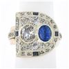 Image 1 : Antique Retro 14K Gold 3.65 ctw Bezel GIA Cushion Diamond & Sapphire Cocktail Ri
