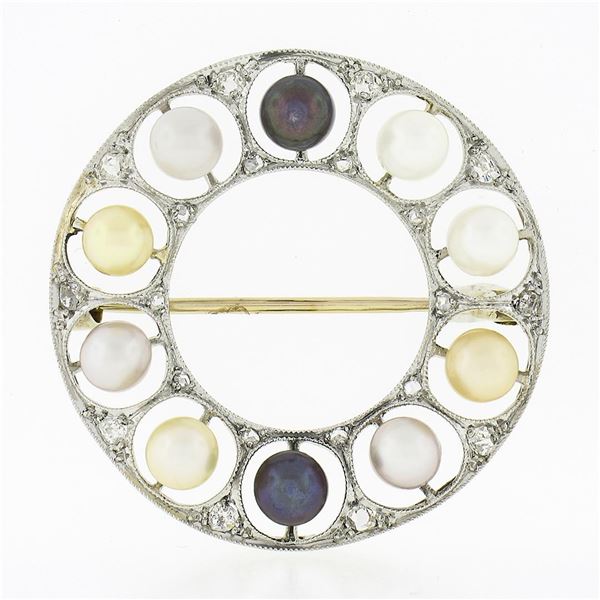 Antique Belle Epoque Platinum Multi Color Pearl Diamond Wreath Circle Pin Brooch